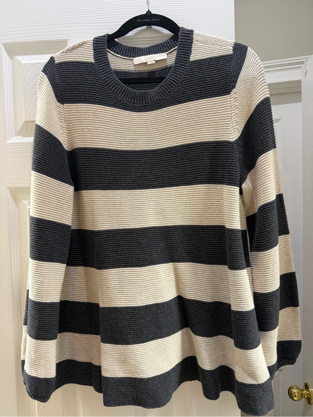 LOFT Women’s Dark Grey and Cream Striped Knit Peplum Sweater